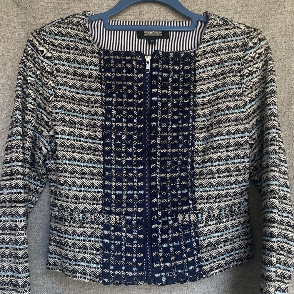 Greylin Jacquard Zip Front Jacket M Blue Blazer Geo Woven Textured Crop Shacket